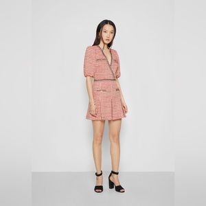 MAJE Renetia red tweed puff sleeve, pleated mini dress